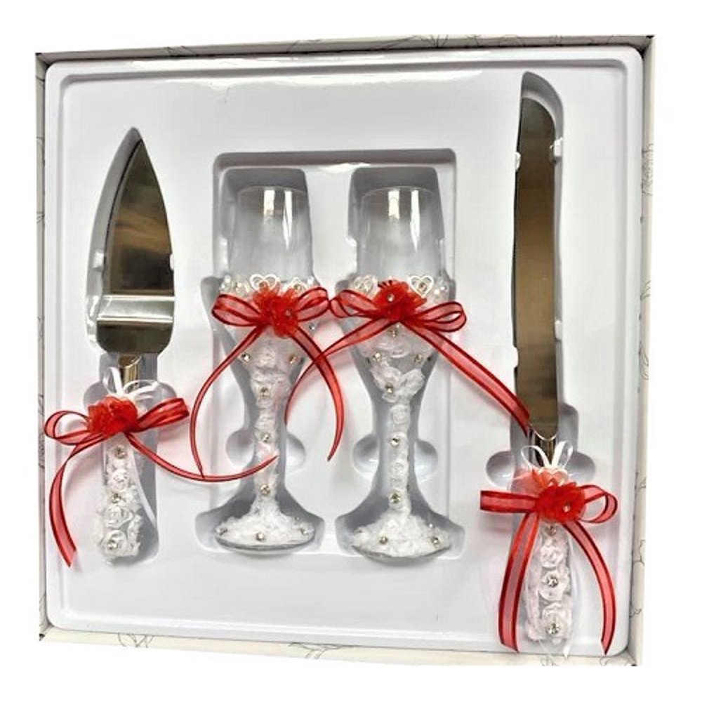 4 Piece Wedding Cake Knife and Server Set with Champagne Toasting Glass ...