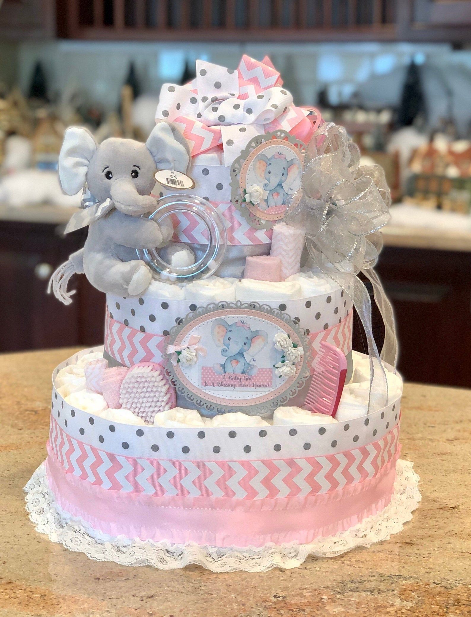 4 Tier, Pink Elephant Diaper Cake for Baby Girl, Diaper ...