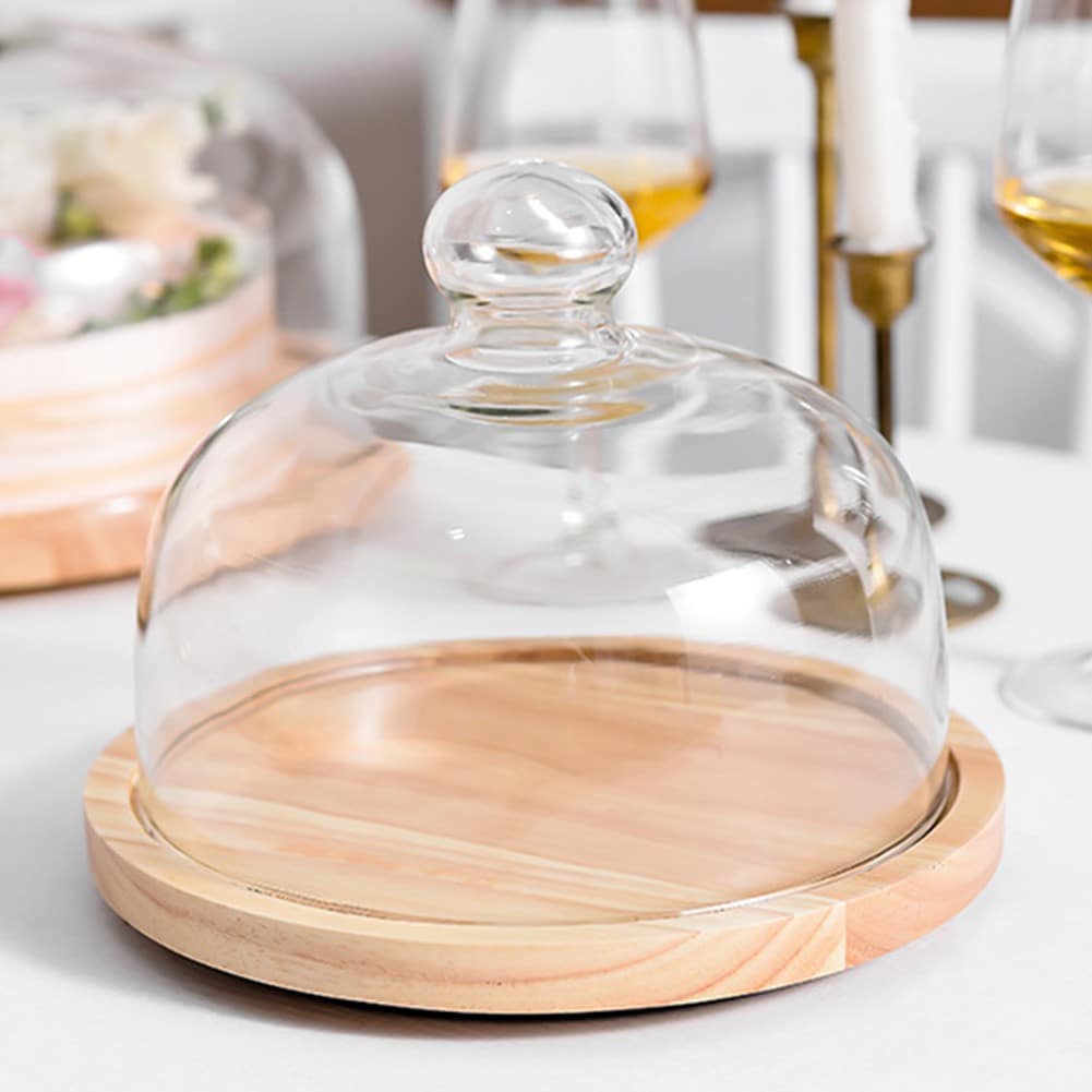 Cake Plate with Glass Dome Wood Cake Tray with Cover for Home Kitchen ...