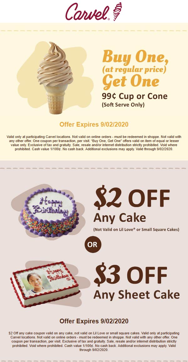 [February, 2021] $2 off an ice cream cake &  more at Carvel ...