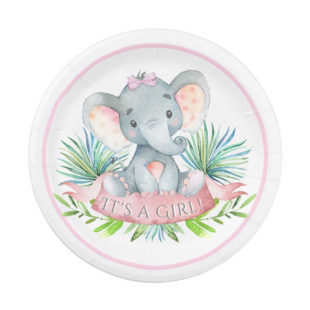 Girls Elephant Baby Shower Paper Plates 8 paper plates ...