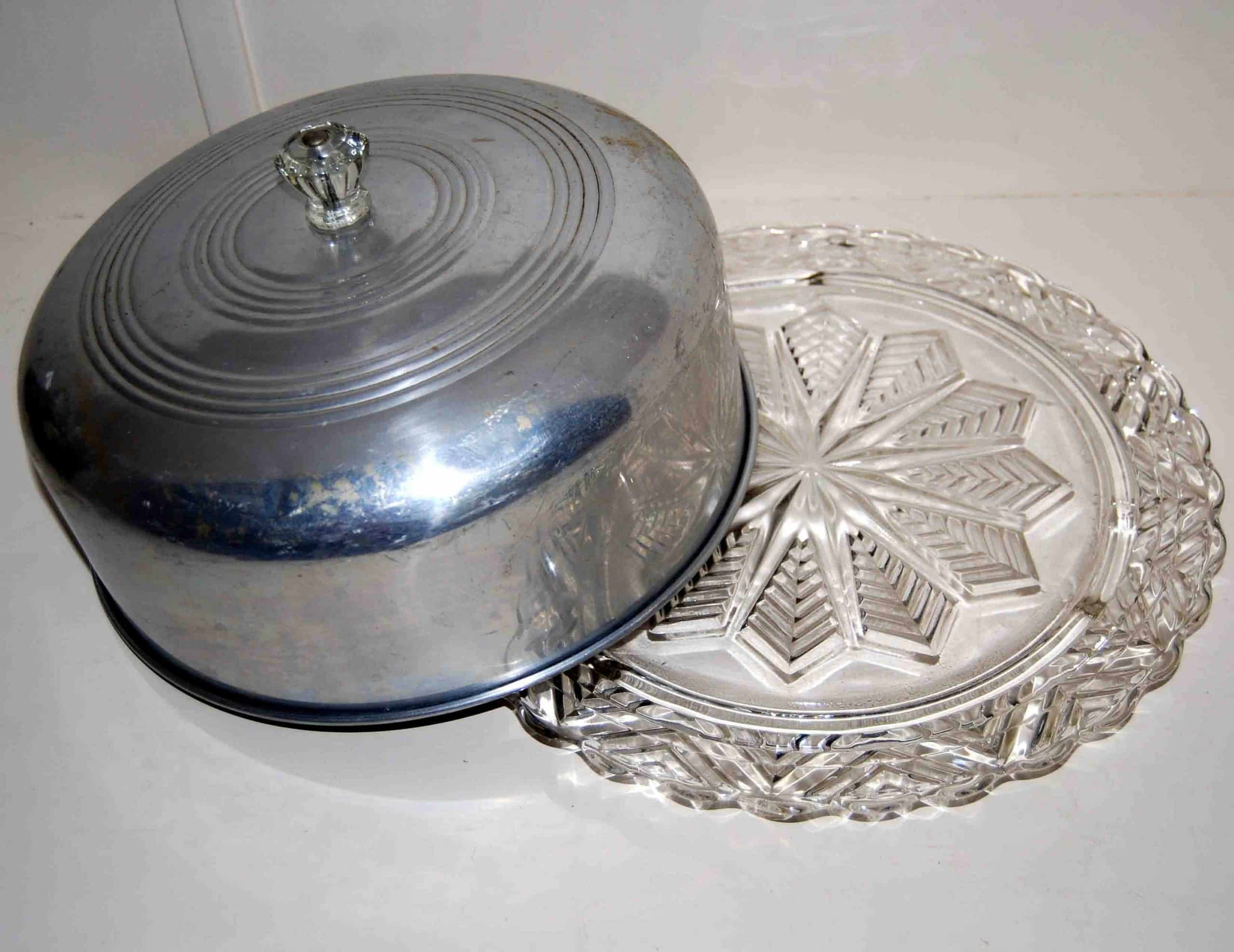 Glass Cake Plate with Metal Dome Lid with Glass Knob Handle