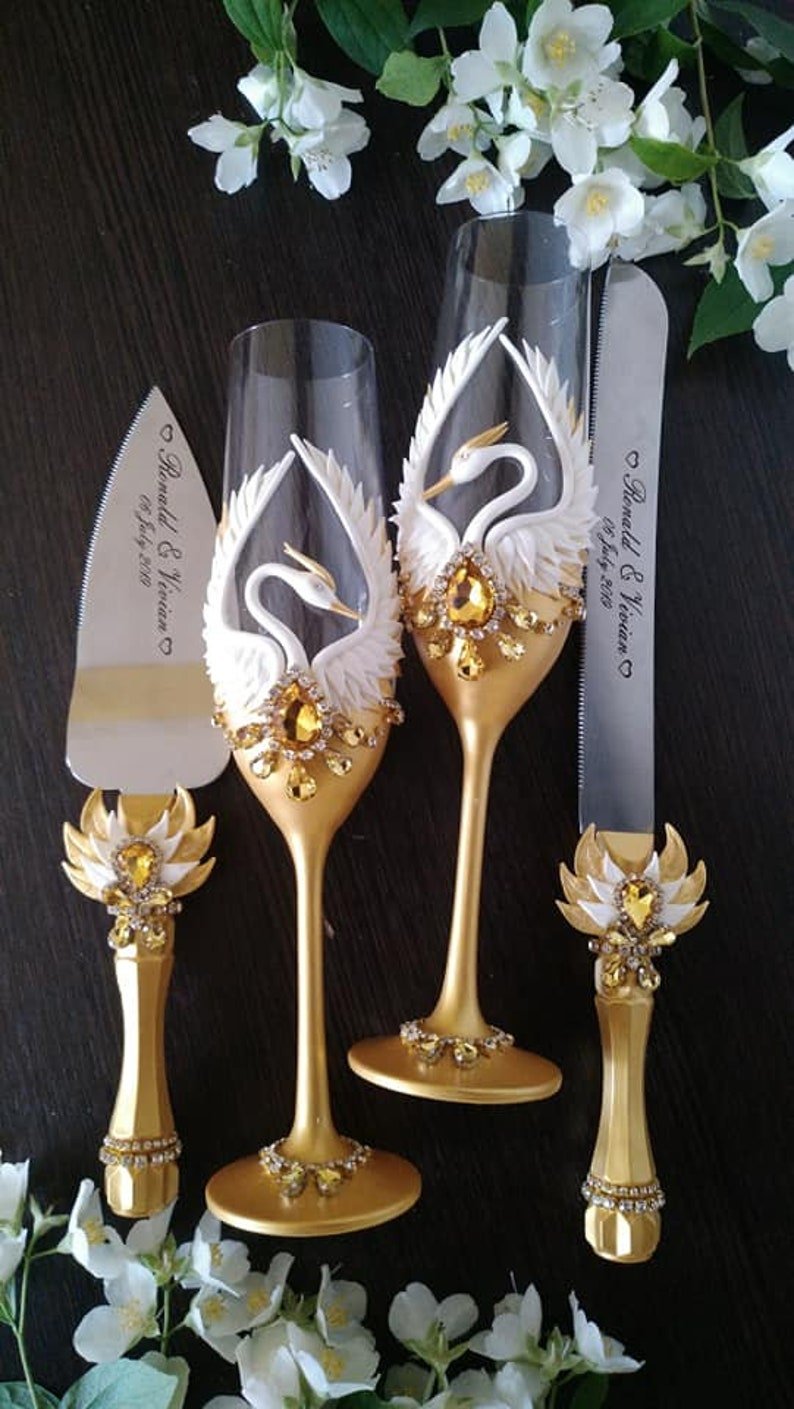Gold Wedding Flutes and Cake Server Set Ivory Champagne
