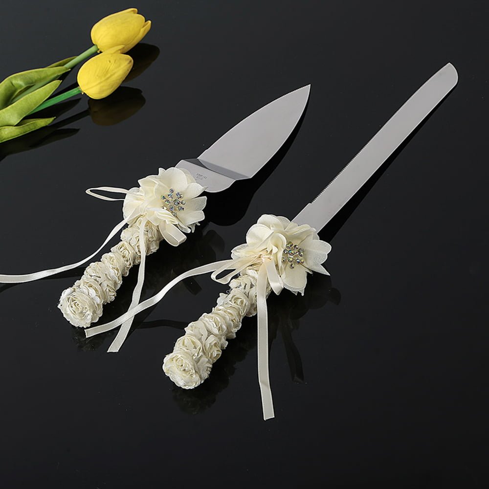 Ivory Rose Wedding Knife &  Cake Server Set Bouquet Design Silk ...