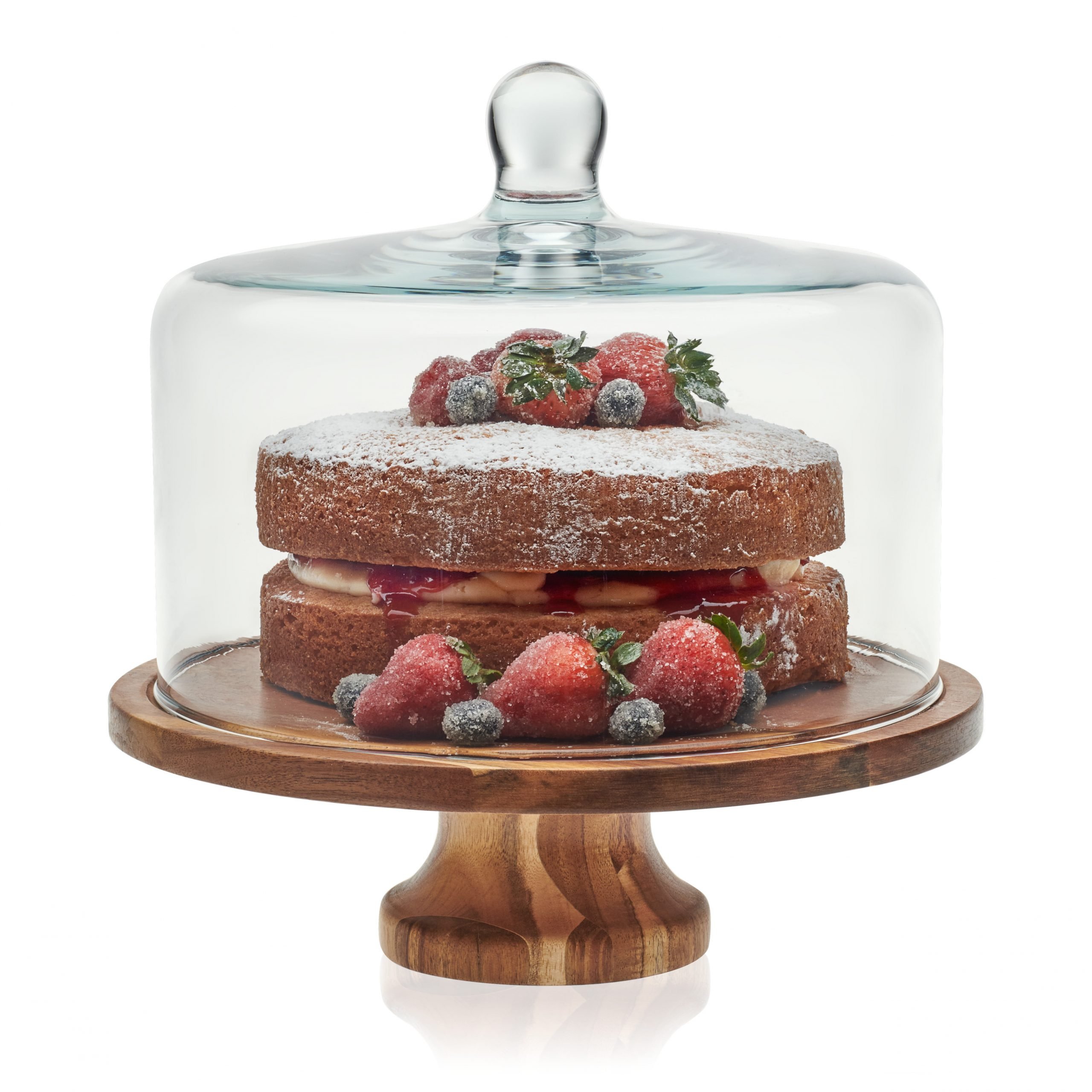 Libbey Acaciawood Footed Round Wood Server Cake Stand with Glass Dome ...
