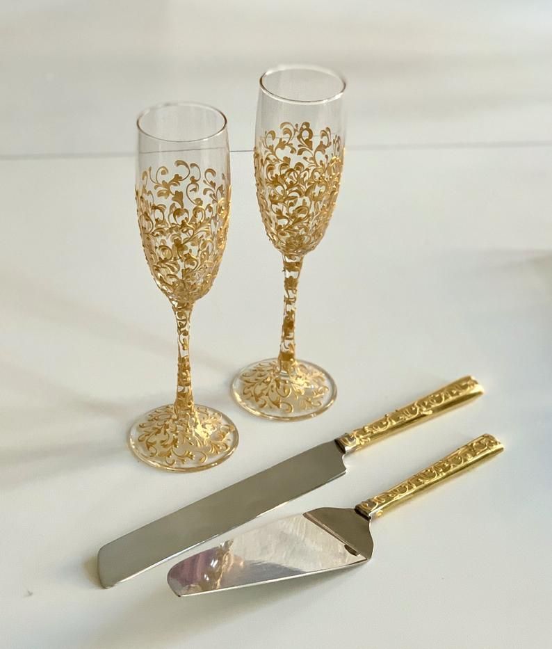 Personalized Wedding glasses and Cake Server Set cake cutter