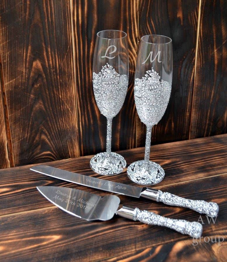 Personalized wedding glasses and cake server set, Wedding Toasting ...