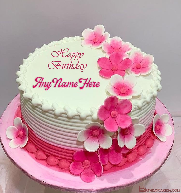 Pink Flowers Birthday Wishes Cake With Name Edit