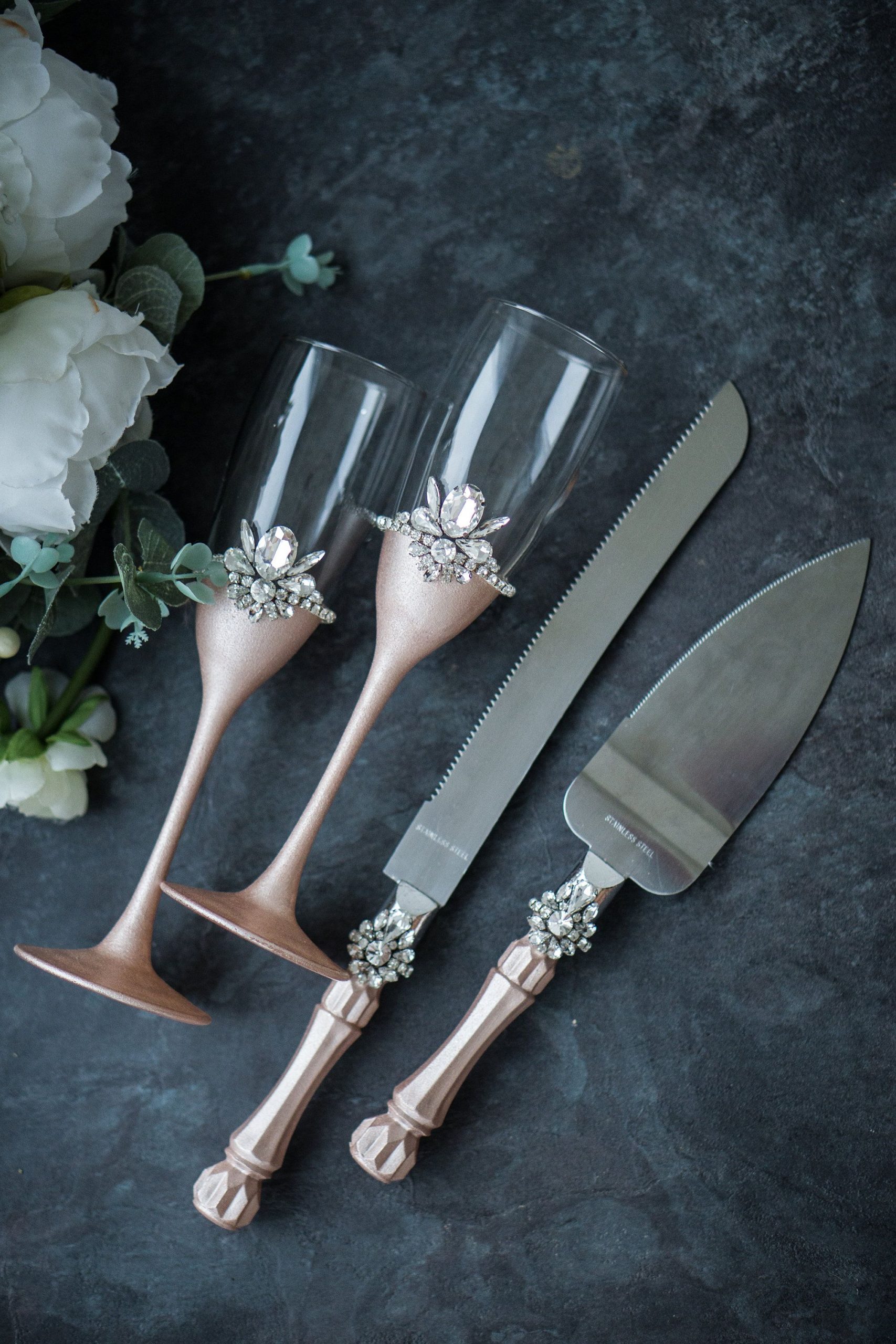 Rose Gold Wedding Flutes and Cake Server Sets Cake Knife and