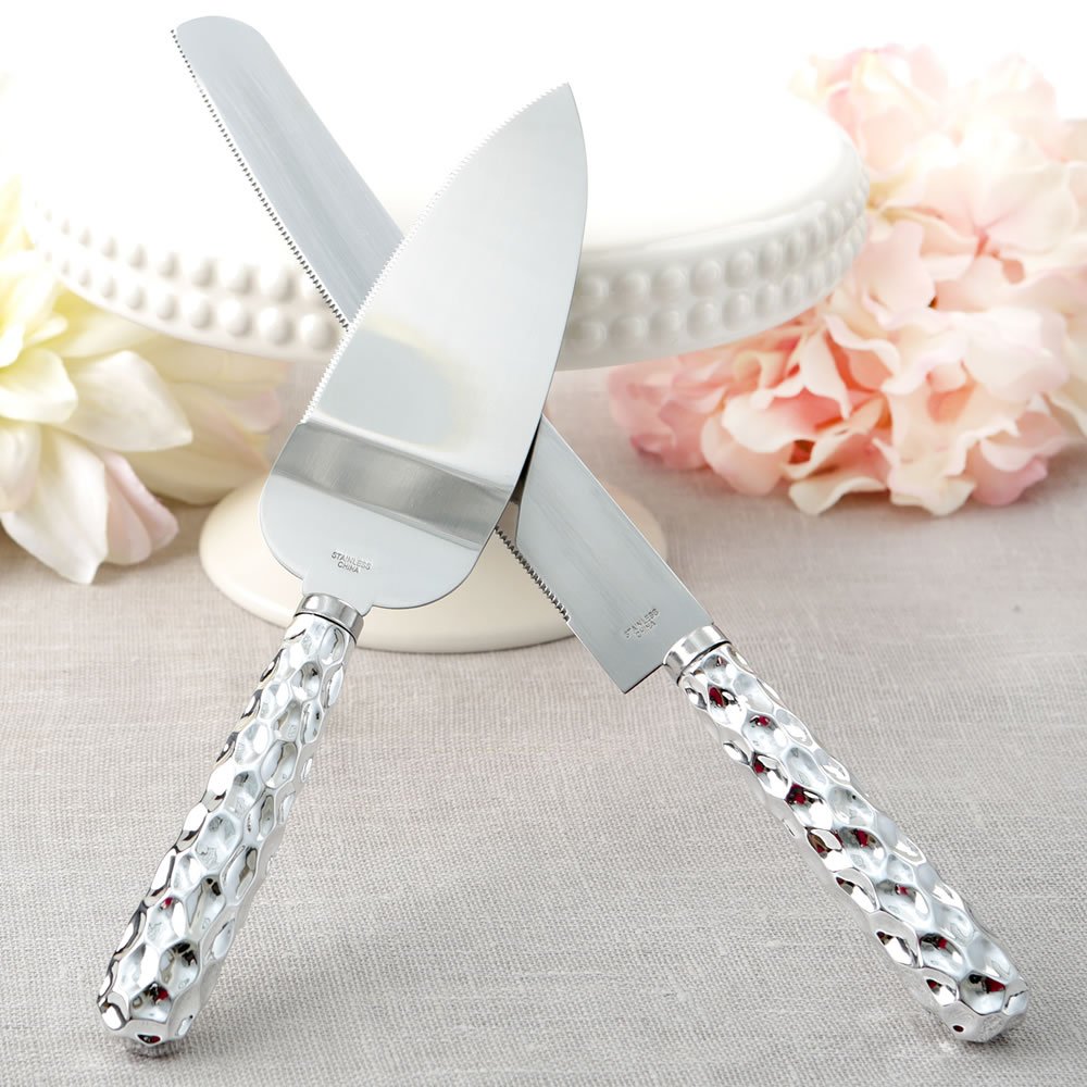 Silver Hammered Design Wedding Cake Knife Server Set
