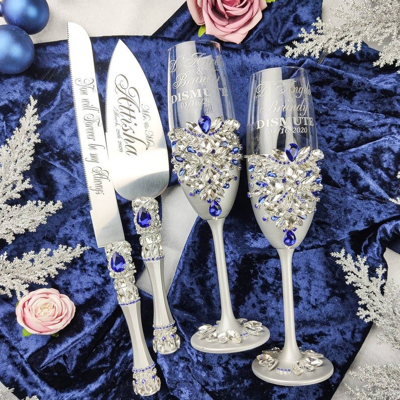 Silver royal blue wedding flutes and cake server sets royal