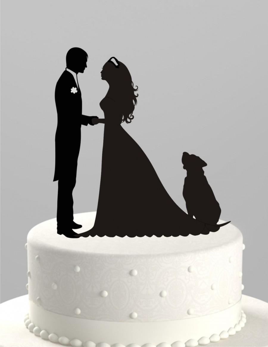 Wedding Cake Topper Silhouette Groom And Bride With Dog, Acrylic Cake ...