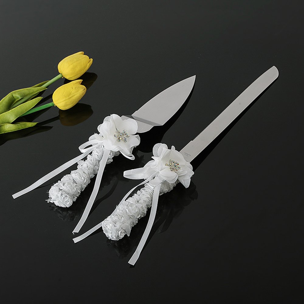 White Rose Wedding Cake Knife/Server White Ribbon ...