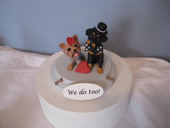 Yorkie and Rottweiler dogs Wedding Cake Topper clay by PawsnClaws